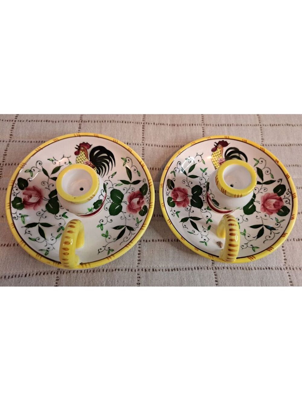 Vintage Pair of Ucagco Early Provincial Rose and Rooster Handled Candleholders